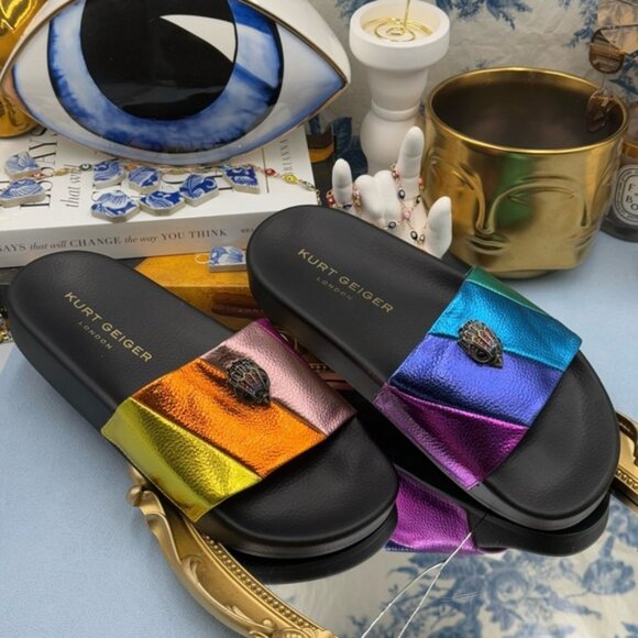 🆕 KURT GEIGER LONDON 🧿 NWOT Meena Eagle Metallic Pool Slide - Size 36 US 6 - Picture 3 of 15